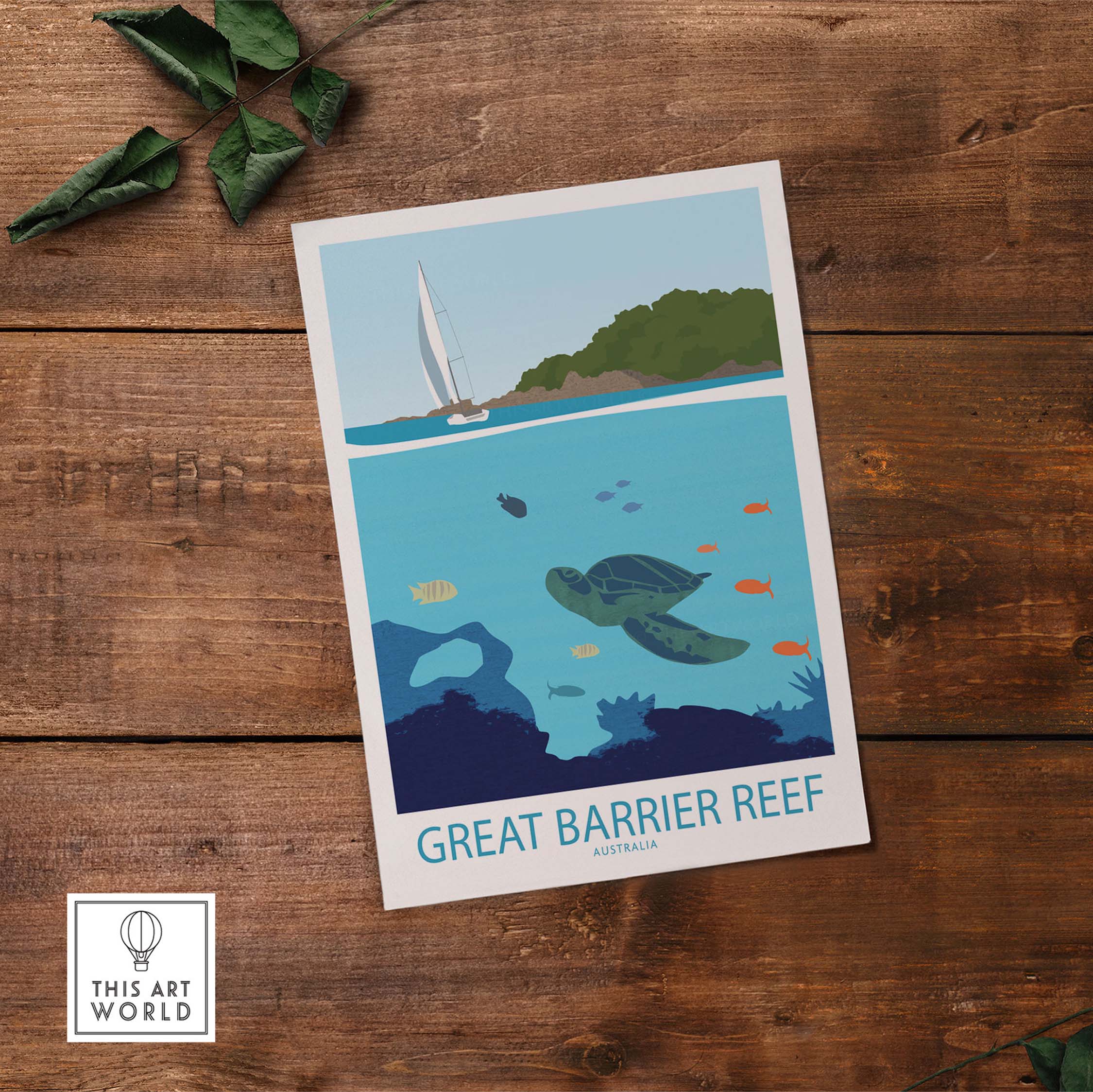 Great Barrier Reef vintage travel poster featuring a sailboat and marine life, perfect for home decor.