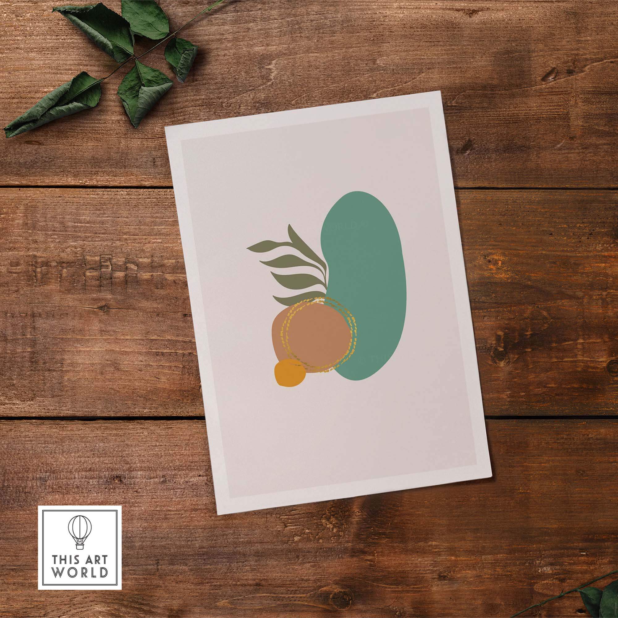 Mid Century Wall Art print featuring abstract shapes and organic elements on a wooden background.