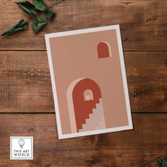 Abstract mid century print featuring stairs and arch in warm tones, perfect for modern home decor.