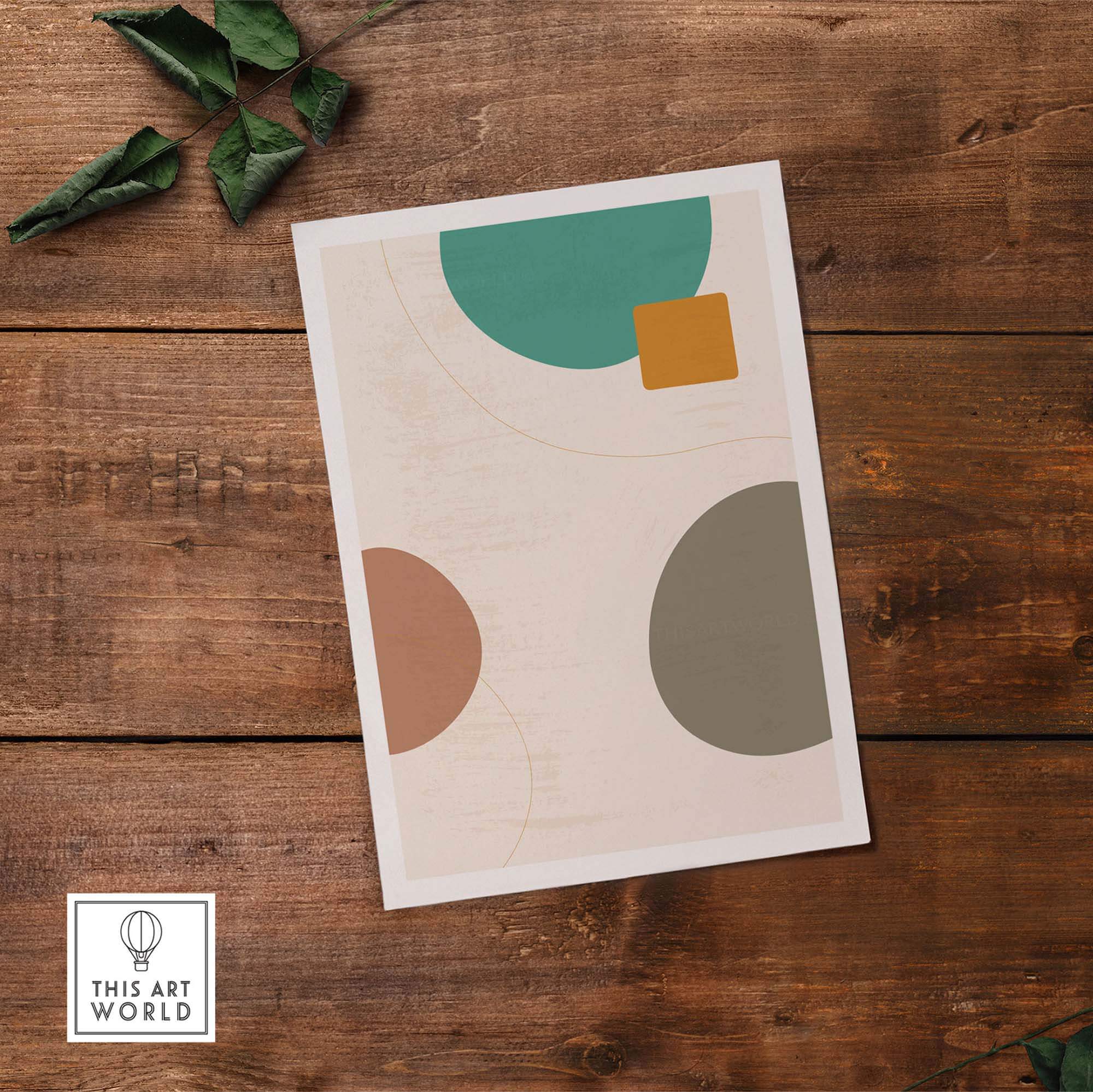 Abstract digital print featuring circular and geometric shapes in earthy tones on a rustic wooden background.