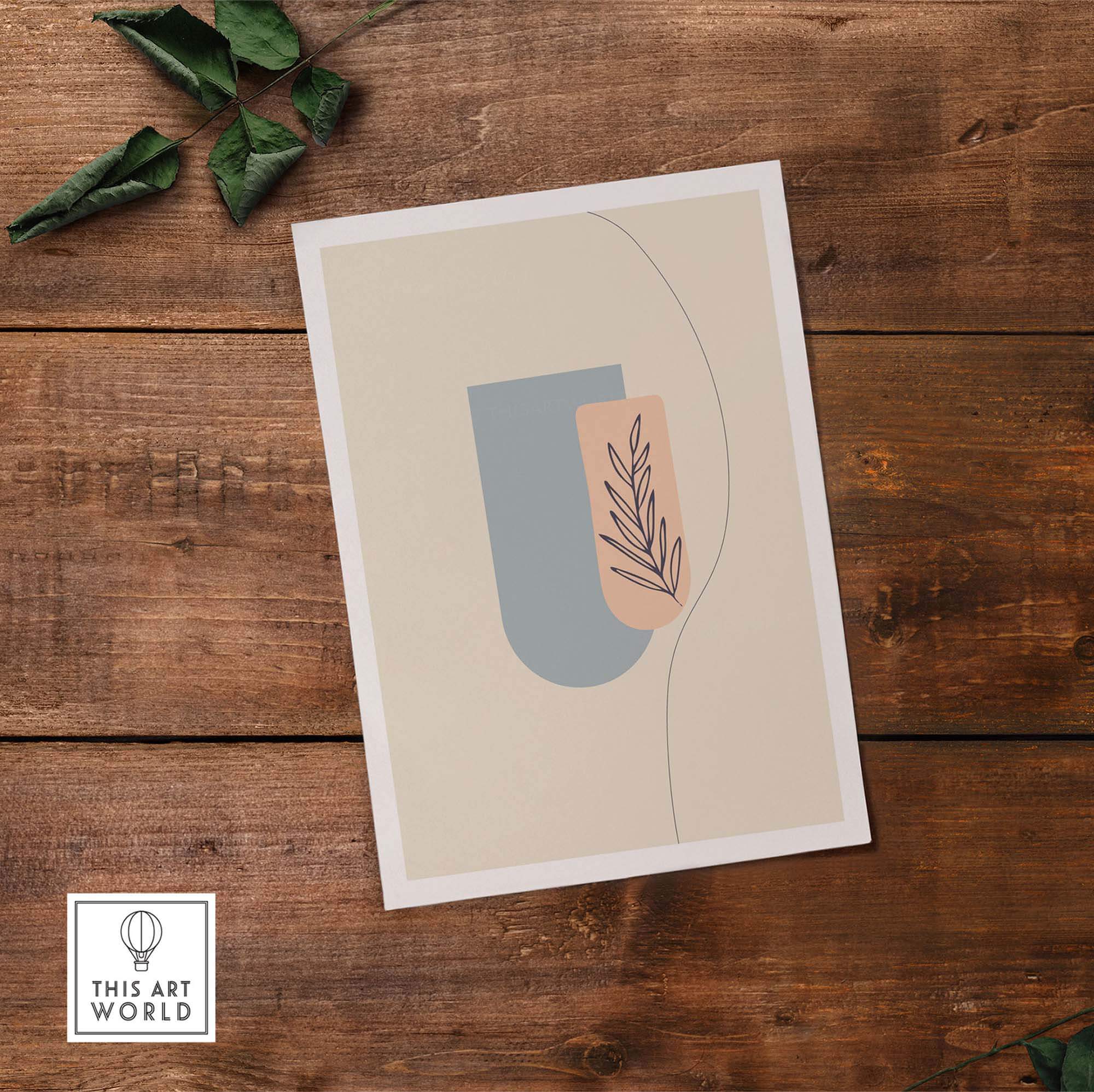 Boho art print featuring abstract shapes and a leaf design, perfect for modern nursery decor.