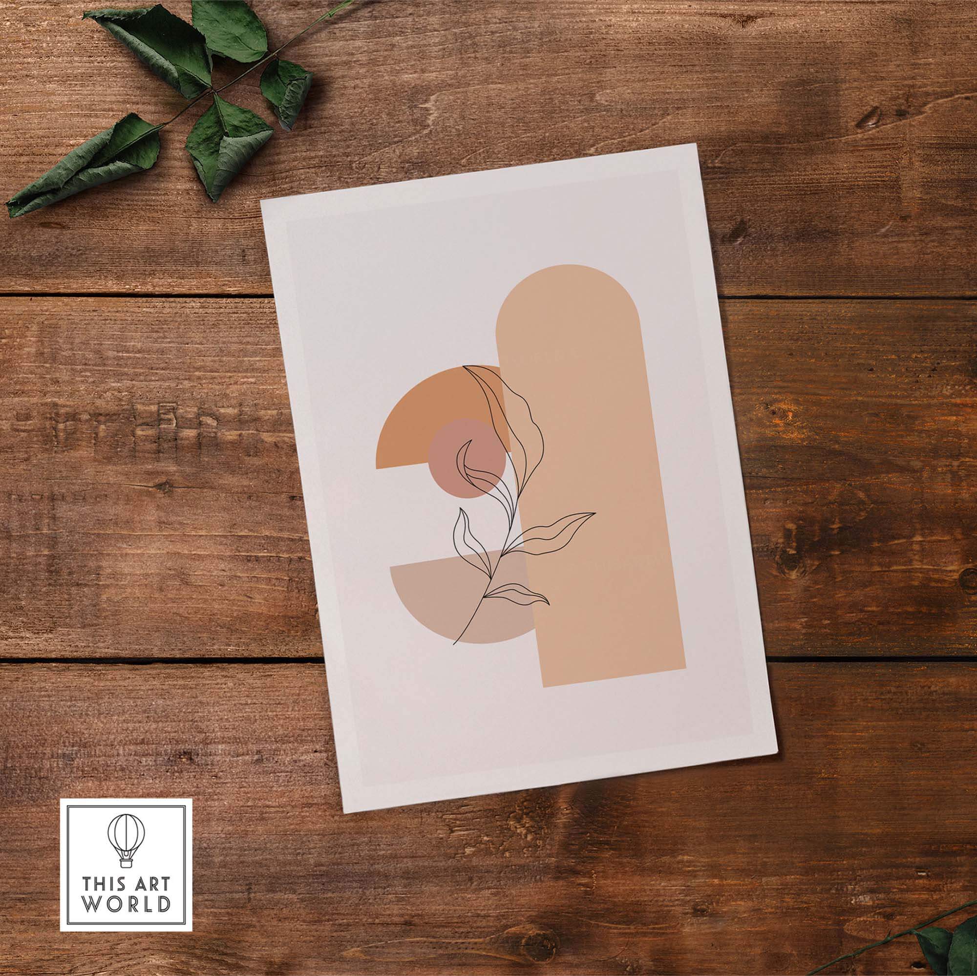 Mid century print featuring abstract leaf design on textured wood background, ideal for modern home decor.