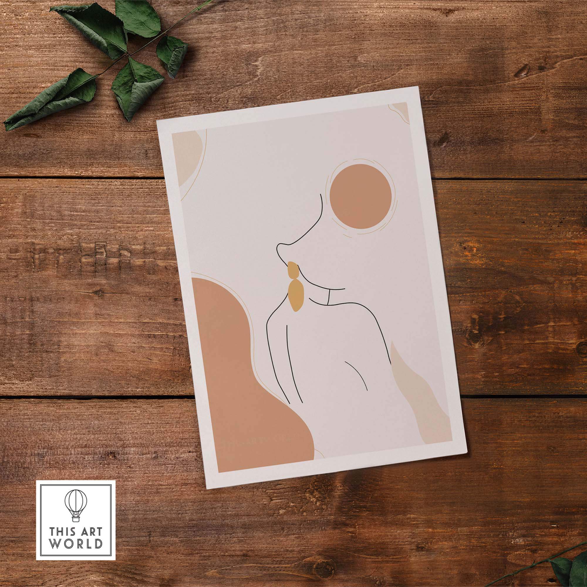 Abstract female outline print featuring modern line drawing on rustic wooden background.
