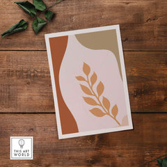 Abstract Leaf Wall Art print with earthy tones, enhancing modern decor for home or office, framed or unframed.