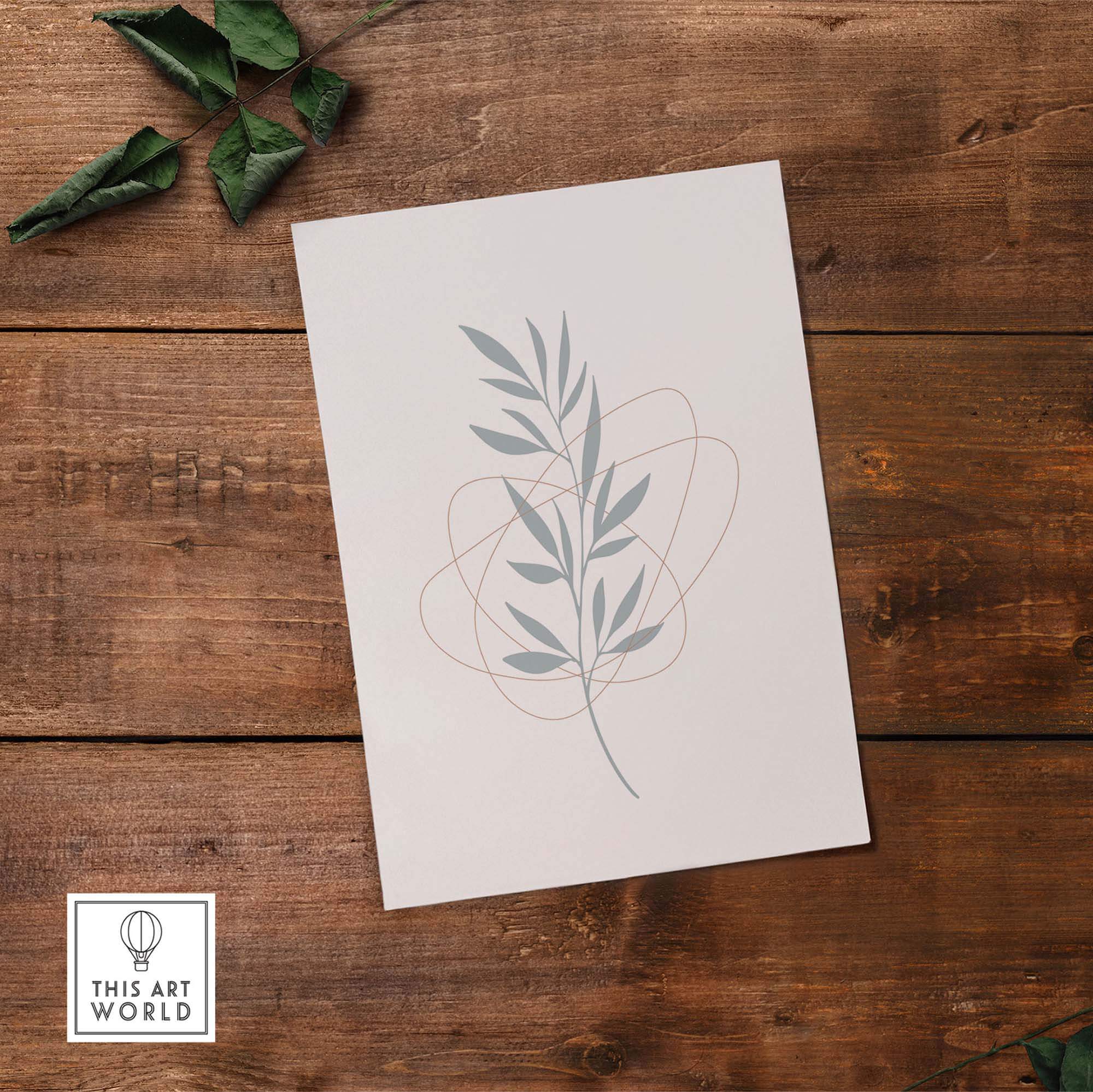 Abstract leaf art print on a wood background, showcasing modern nature wall art for home or office decor.