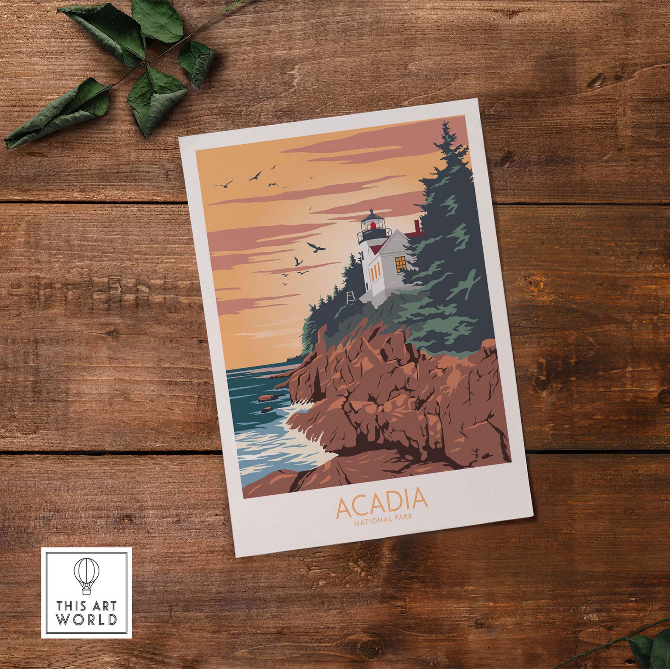 Acadia Poster Print Wall Art featuring a lighthouse by the ocean, inspired by vintage National Park designs.