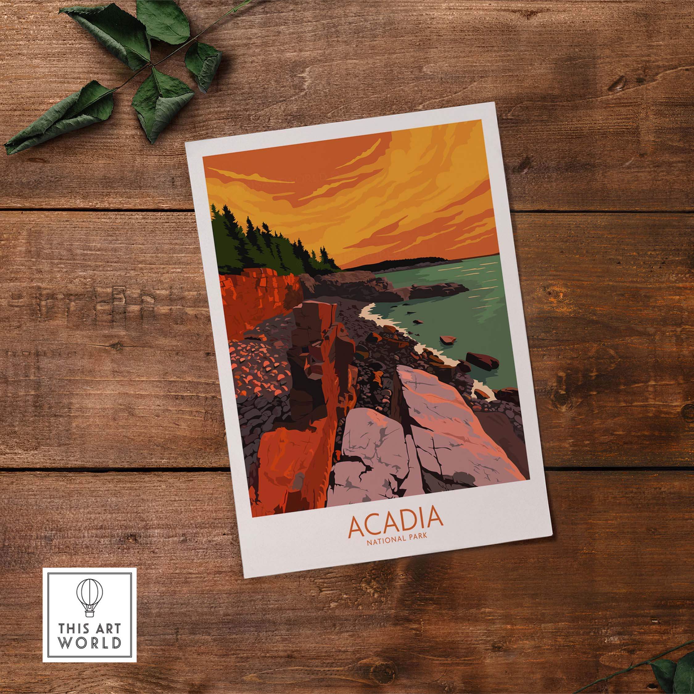 Acadia National Park print wall art poster showcasing vibrant colors and scenic coastline.