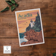 Acadia National Park poster featuring a coastal lighthouse and rocky shore, inspired by vintage travel art.