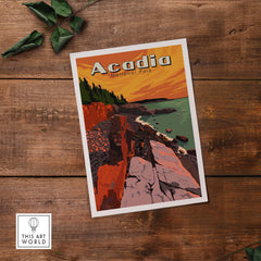 Acadia National Park print featuring vintage-style artwork of coastal cliffs and serene waters.