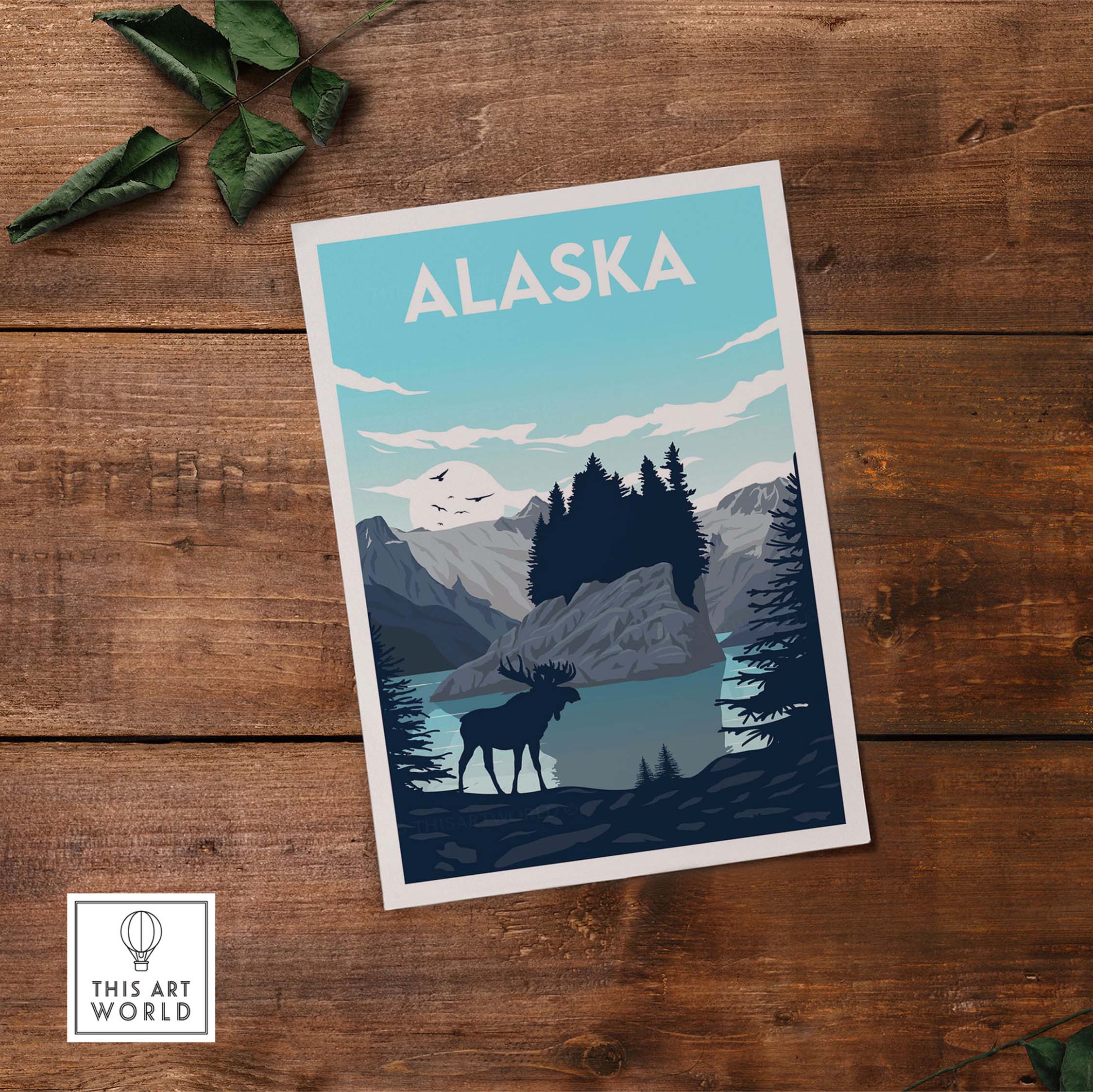 Alaska poster wall art print featuring a moose and scenic landscape, perfect for nature lovers and home decor.