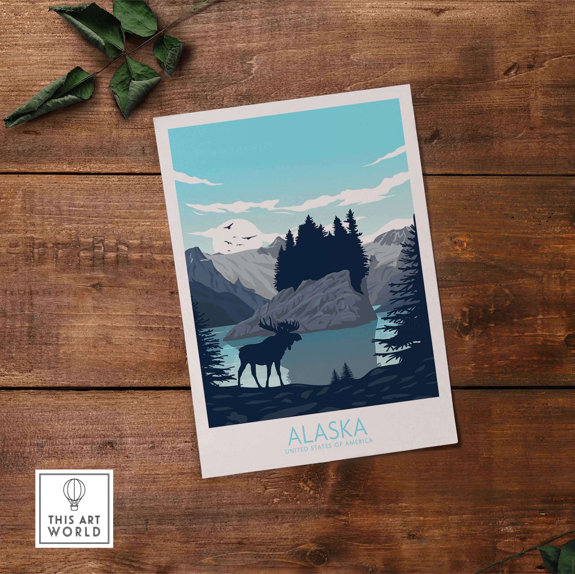 Alaska travel poster featuring moose and mountains, vintage-inspired wall art for home or office decor.