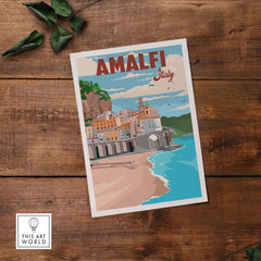 Amalfi Coast vintage poster print showcasing scenic coastal village in Italy, perfect for travel enthusiasts.