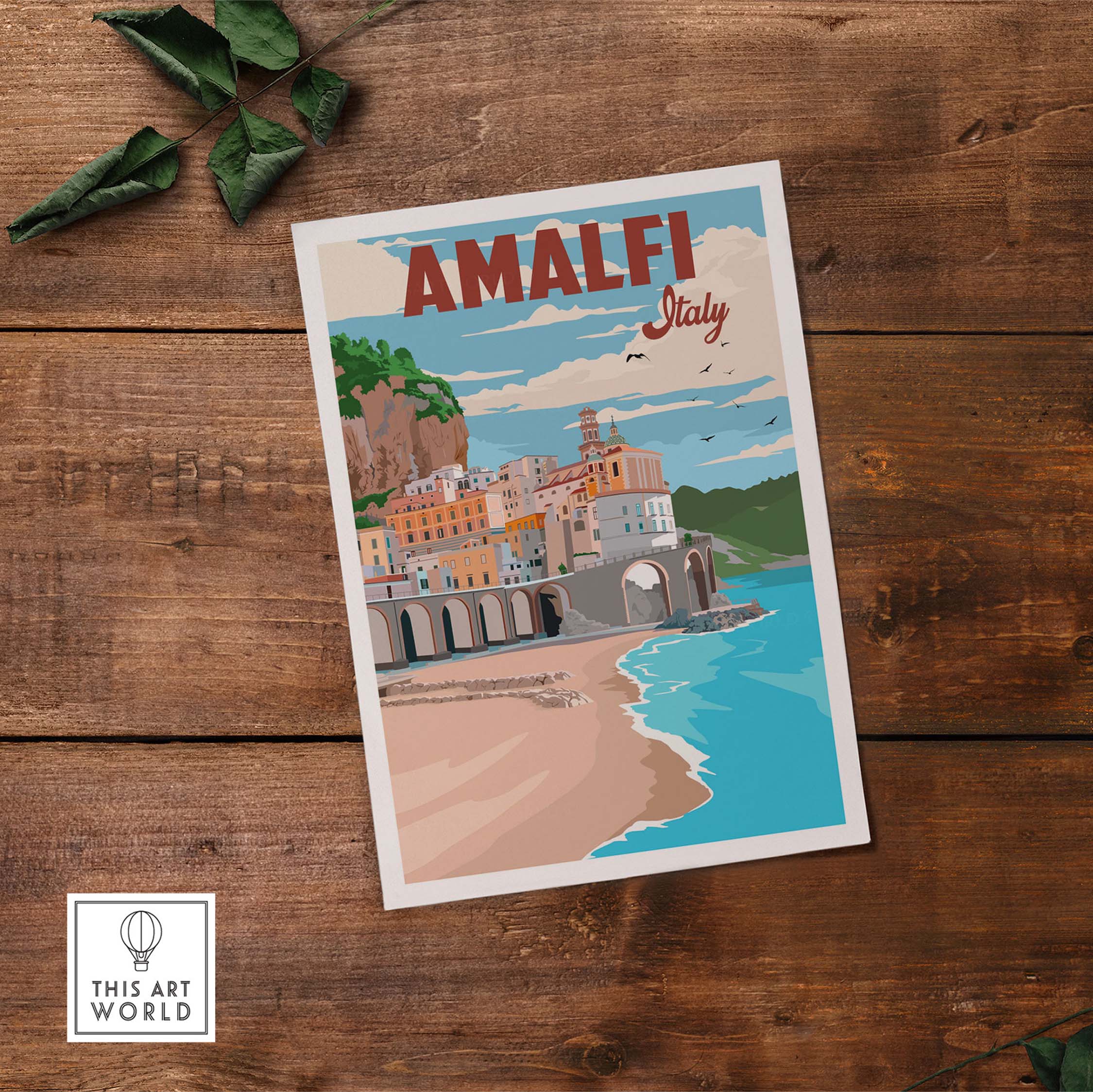 Amalfi Coast vintage poster print showcasing scenic coastal village in Italy, perfect for travel enthusiasts.