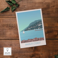 Amalfi Coast print featuring a sailboat and coastal scenery, inspired by vintage travel posters.