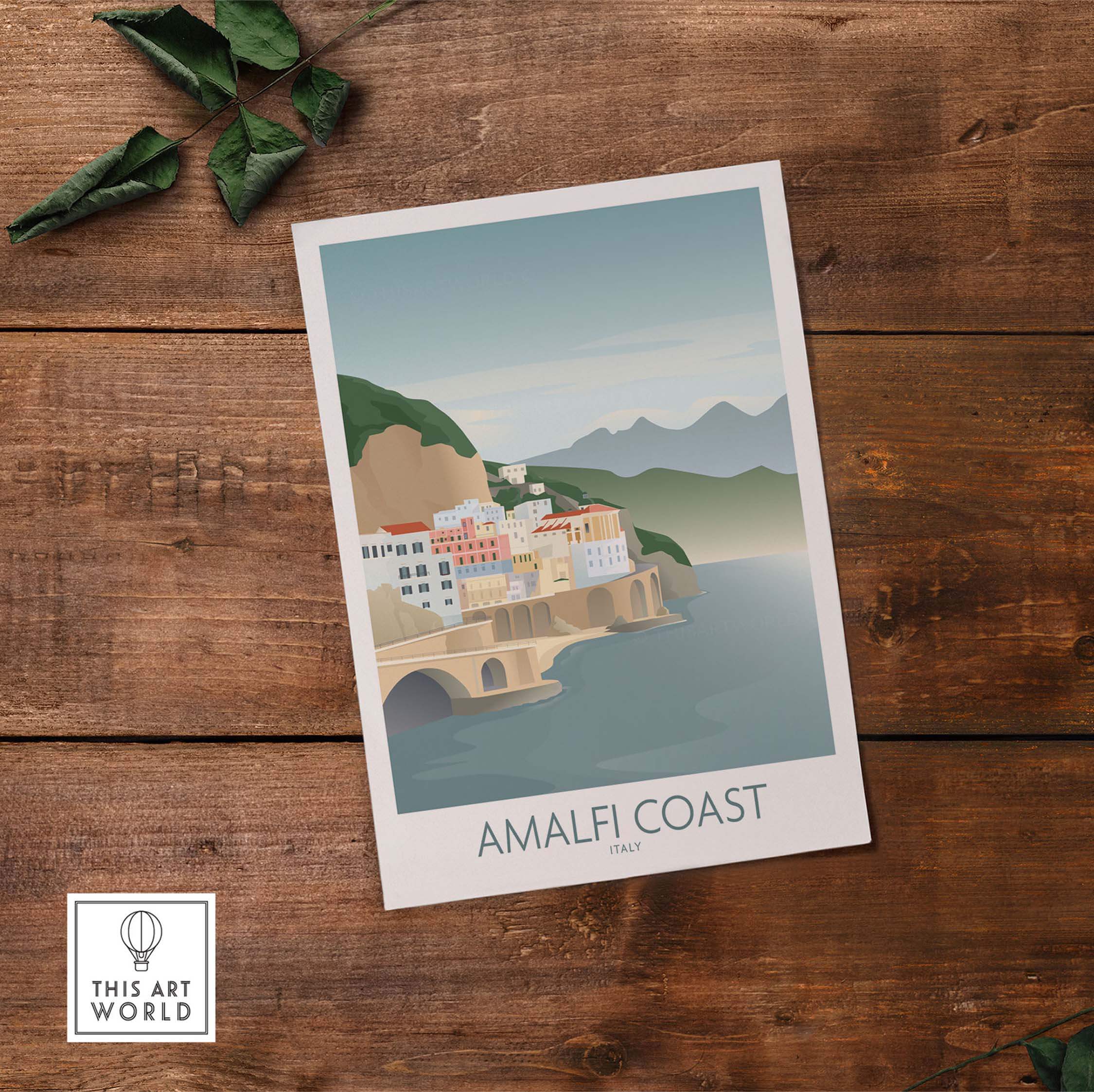 Minimalist Amalfi Coast wall art print showcasing vintage travel aesthetics for home decor.