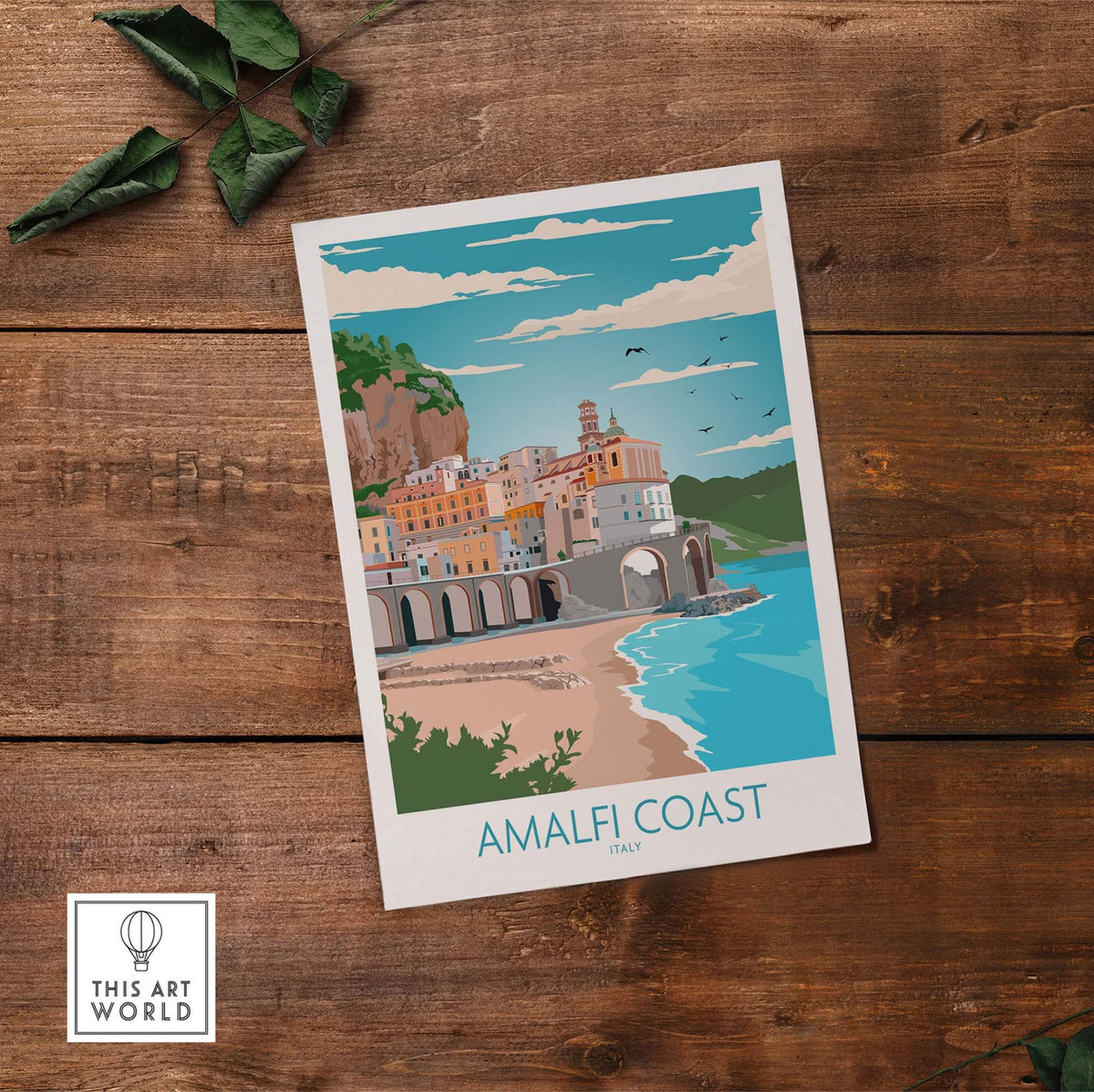 Amalfi Coast vintage travel poster featuring colorful coastal town and beach, perfect for home or office decor.