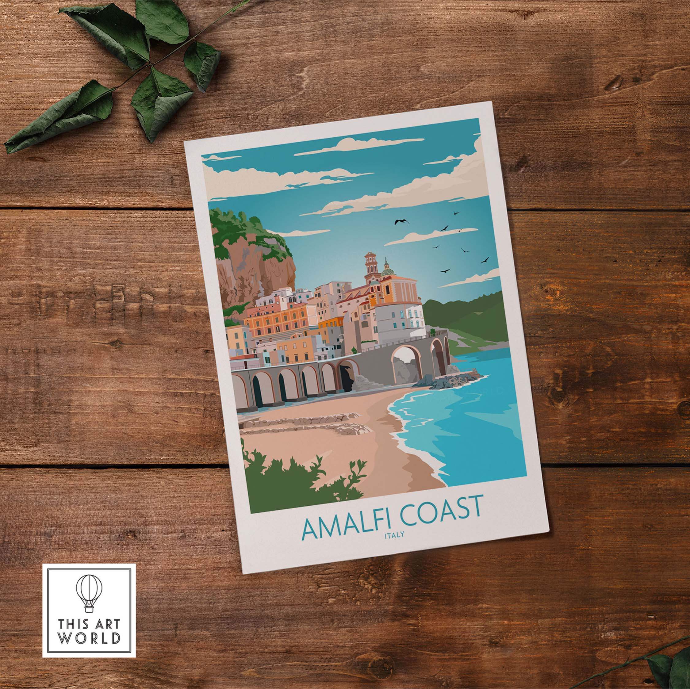 Amalfi Coast vintage travel poster featuring colorful coastal town and beach, perfect for home or office decor.