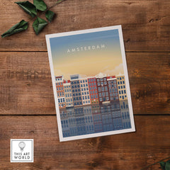 Amsterdam wall art poster print featuring colorful canal houses and a sunset backdrop.