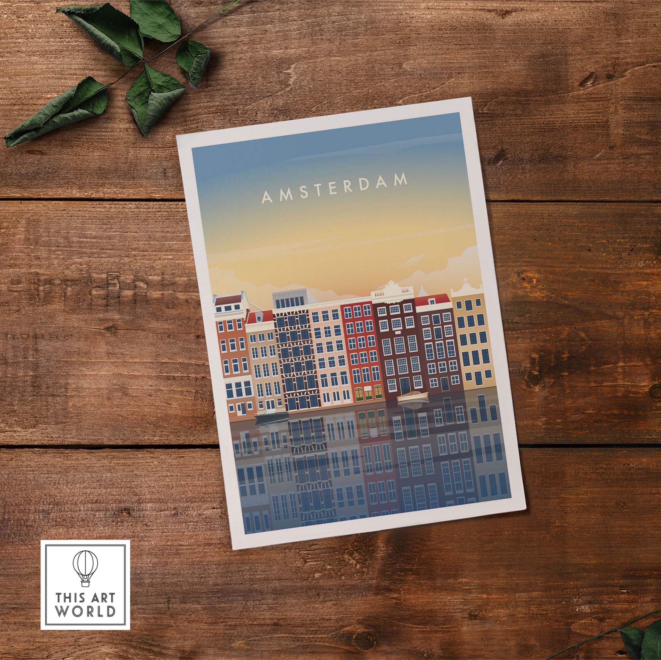 Amsterdam wall art poster print featuring colorful canal houses and a sunset backdrop.