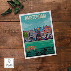 Vintage Amsterdam print poster featuring canal houses and bike on wooden background.