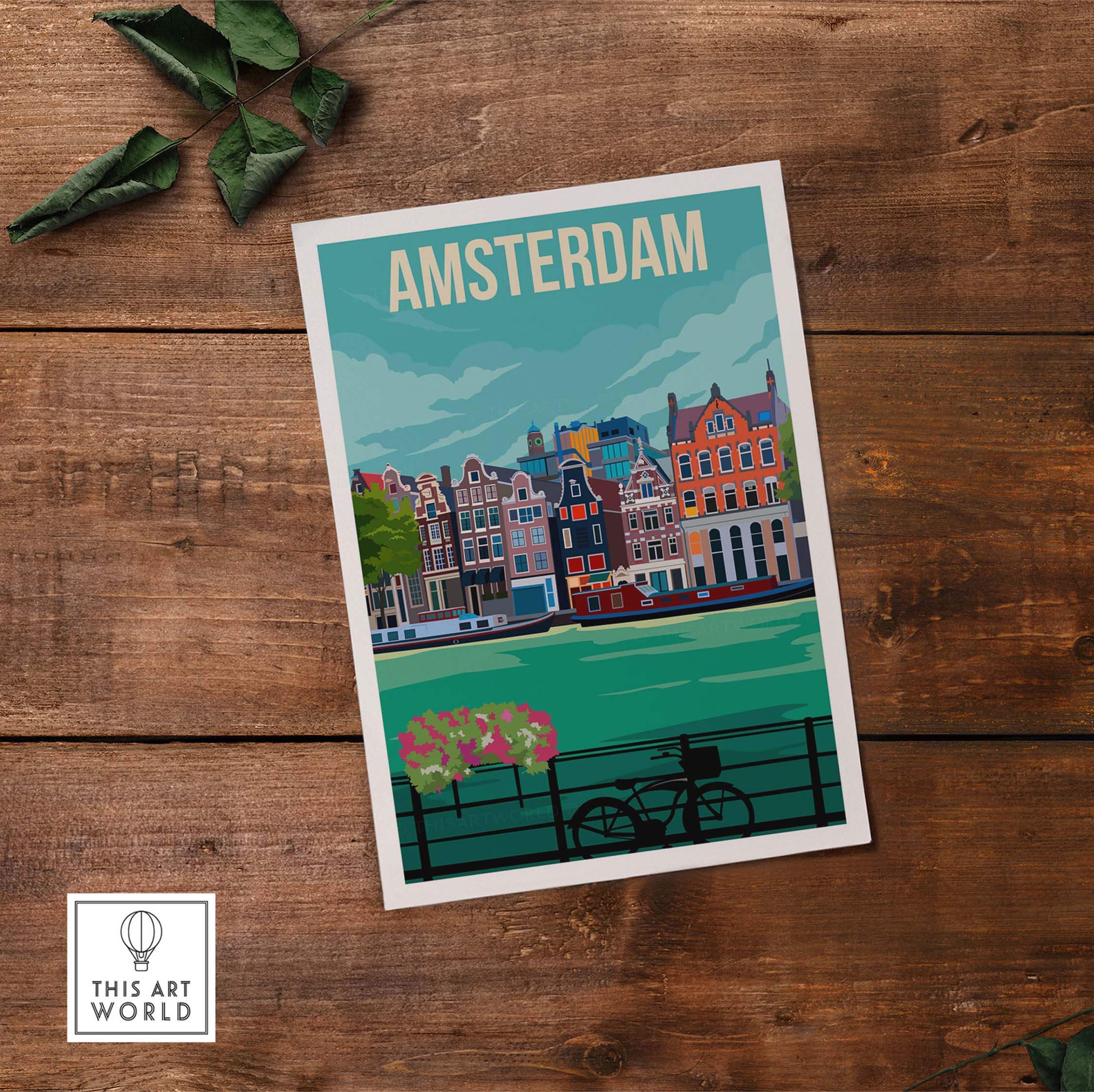 Vintage Amsterdam print poster featuring canal houses and bike on wooden background.