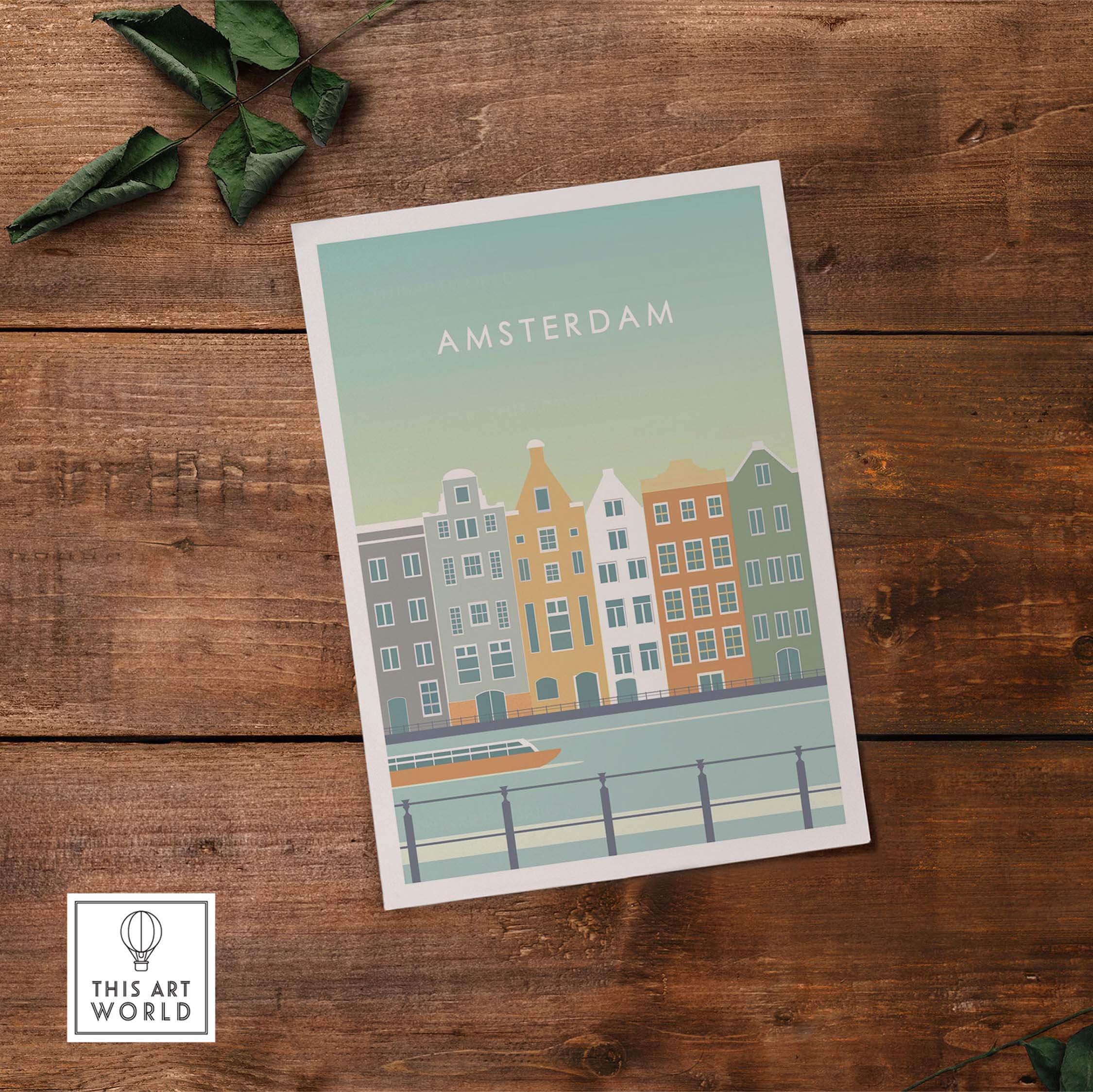 Amsterdam Print Wall Art Poster featuring colorful canal houses inspired by vintage travel art.
