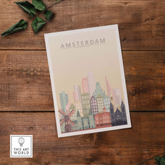 Amsterdam skyline wall art print featuring iconic buildings and a windmill in warm pastel tones.