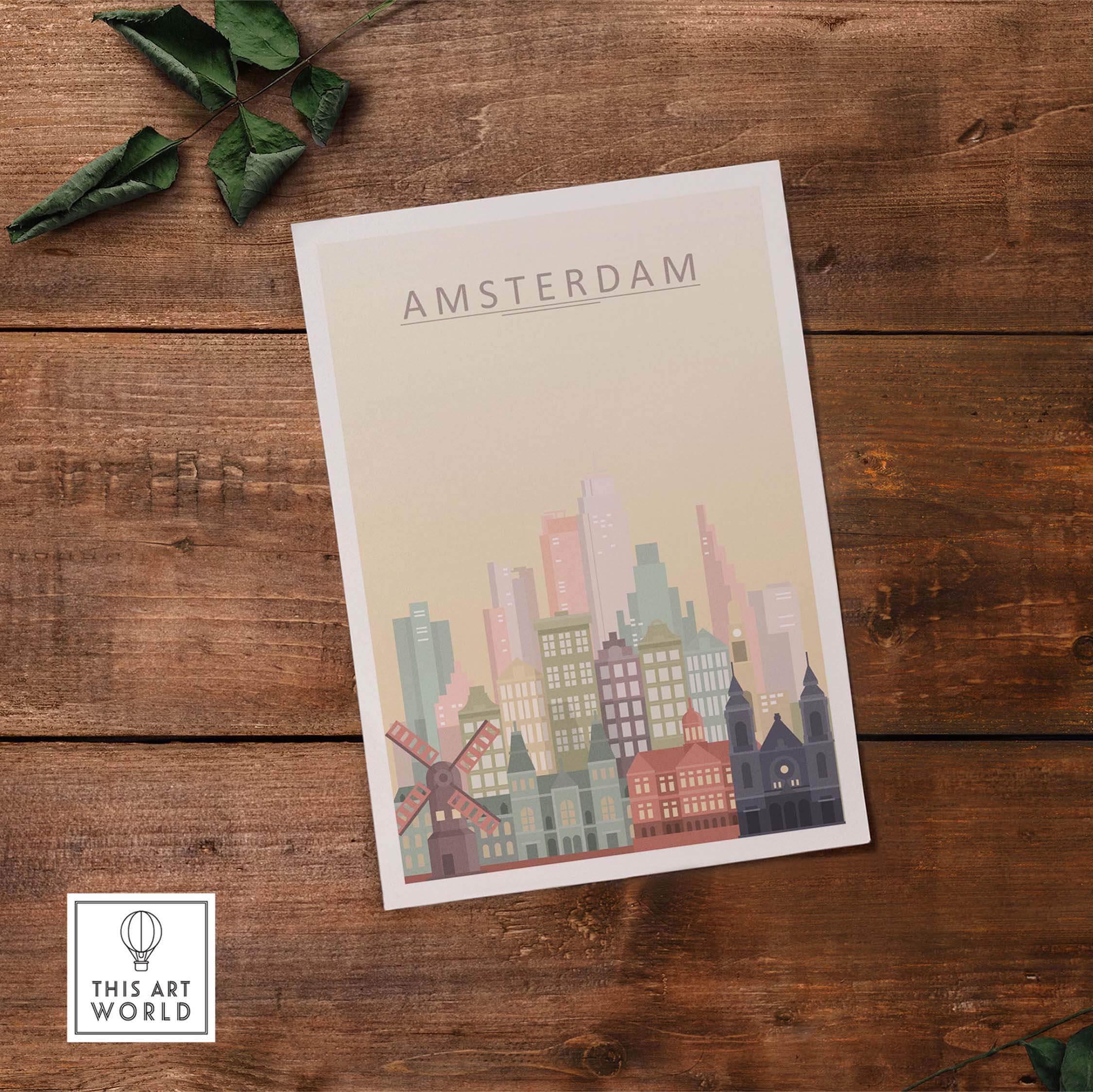 Amsterdam skyline wall art print featuring iconic buildings and a windmill in warm pastel tones.
