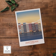 Amsterdam Wall Art Print featuring vintage-style houses by the water, perfect for home or office decor.