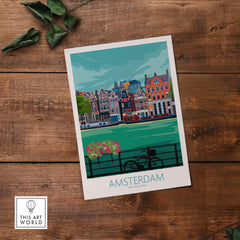 Amsterdam Poster Print featuring vintage-style buildings and a bicycle with a waterfront view.