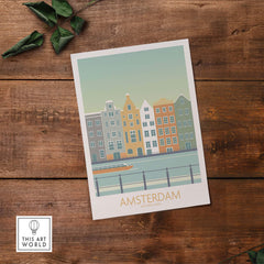 Amsterdam Print featuring colorful houses by the canal, inspired by vintage travel posters.