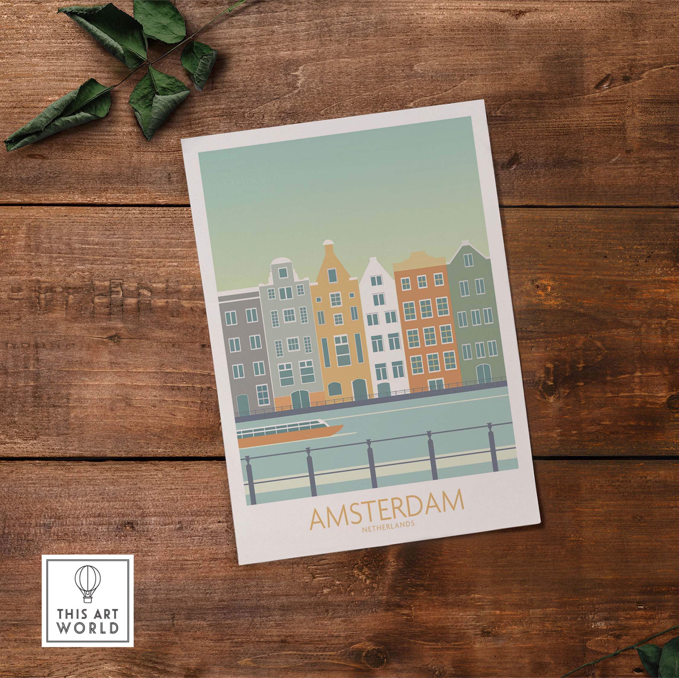 Amsterdam Print featuring colorful houses by the canal, inspired by vintage travel posters.