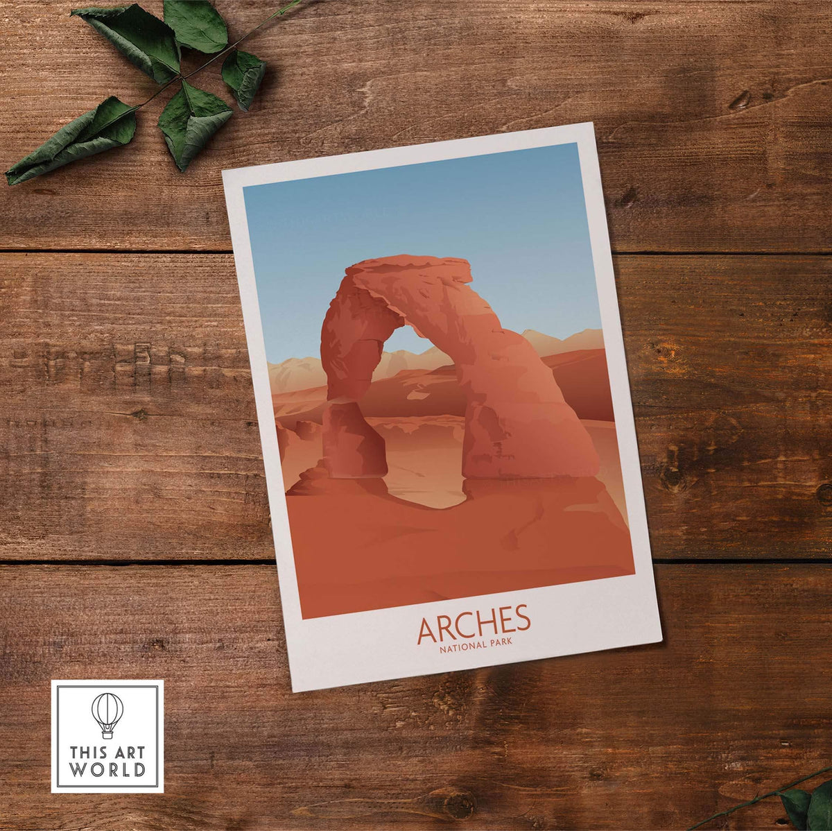 Arches National Park art print featuring a minimalist design of the iconic rock formation on a wooden background.