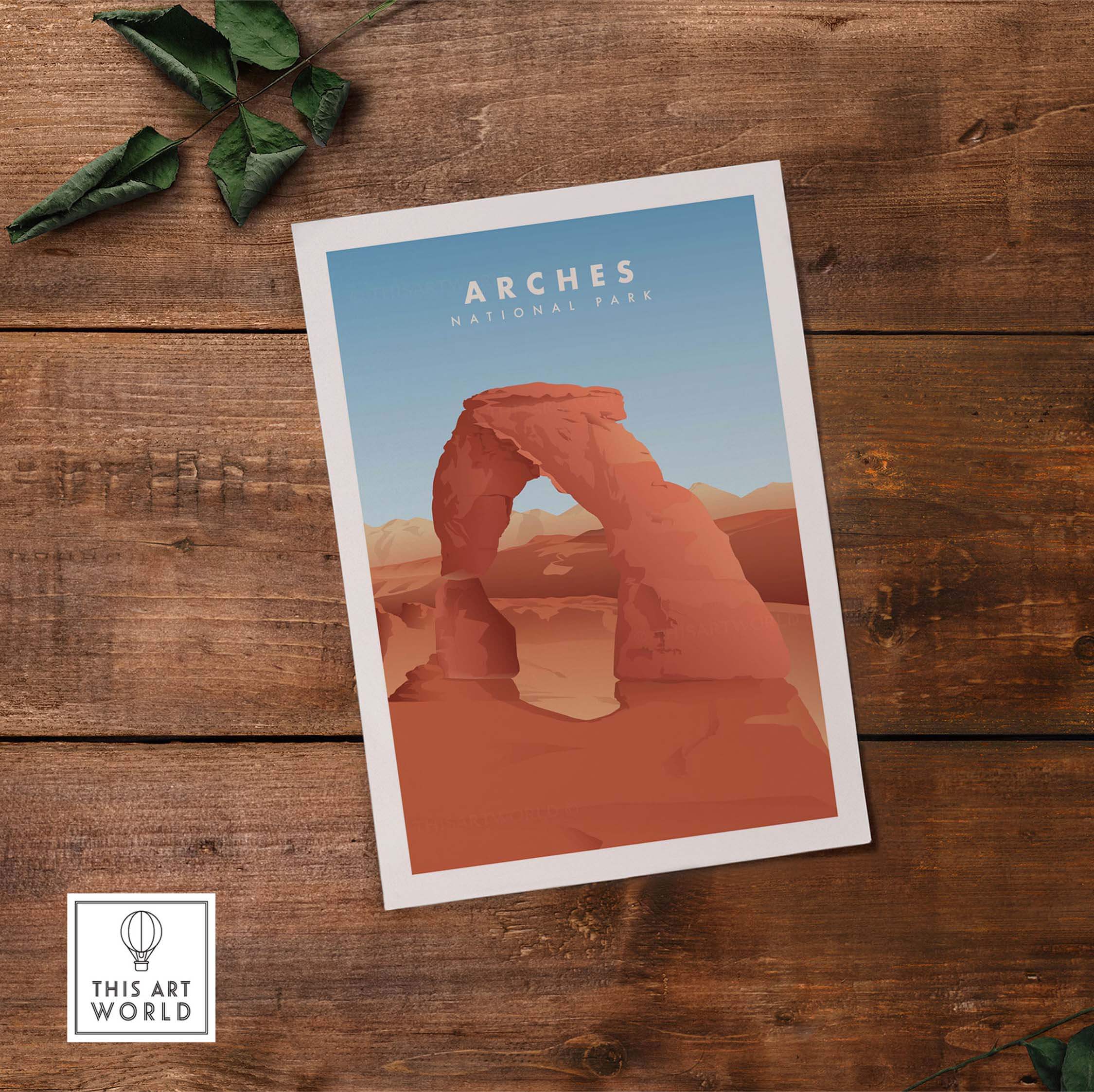 Minimalist Arches National Park art print on wooden background, showcasing vintage travel design.