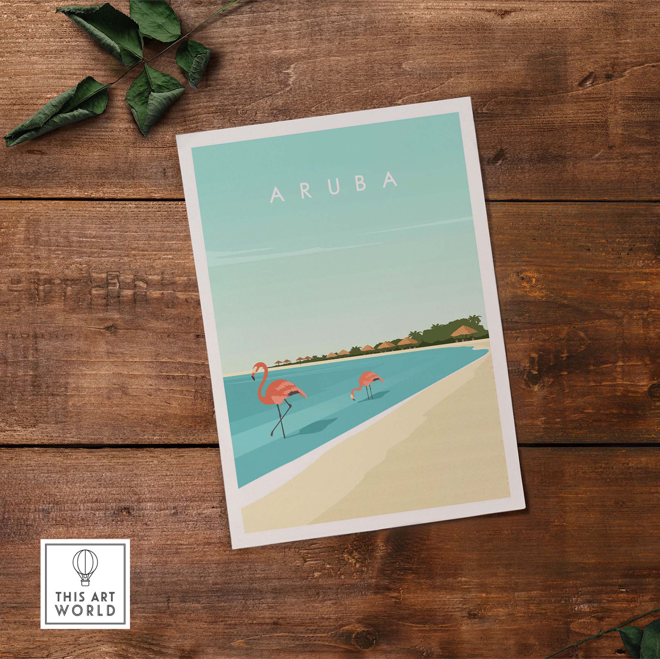 Aruba wall art print featuring flamingos and a beach scene, inspired by vintage travel posters.