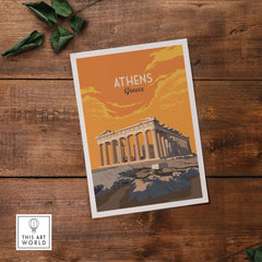 Athens Print Greece poster featuring the Parthenon in vintage style on a wooden background.