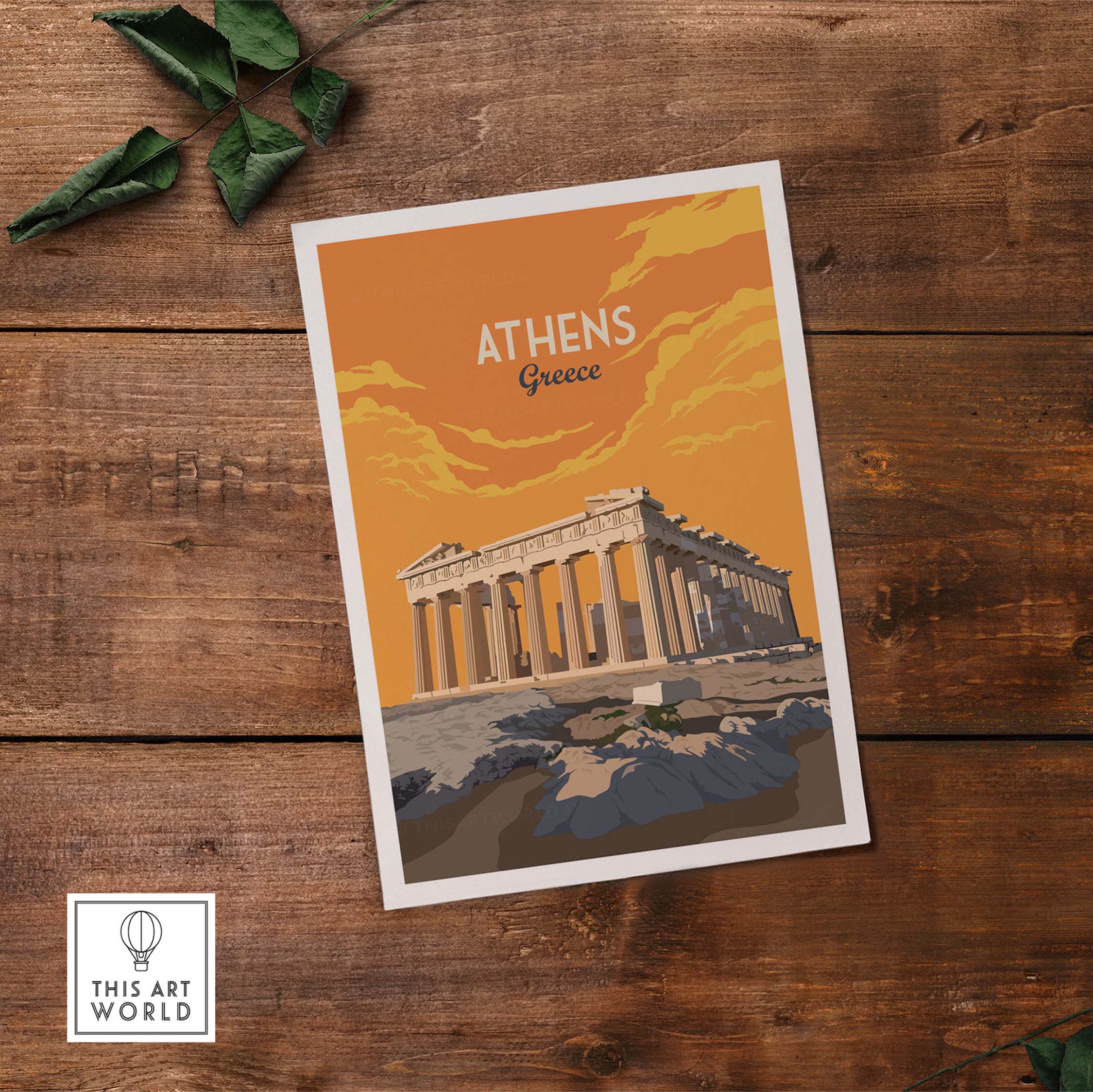 Athens Print Greece poster featuring the Parthenon in vintage style on a wooden background.