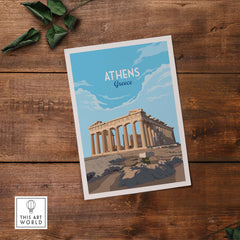 Athens Greece Art Print featuring the iconic Parthenon on a minimalist background, perfect for travel-inspired home decor.