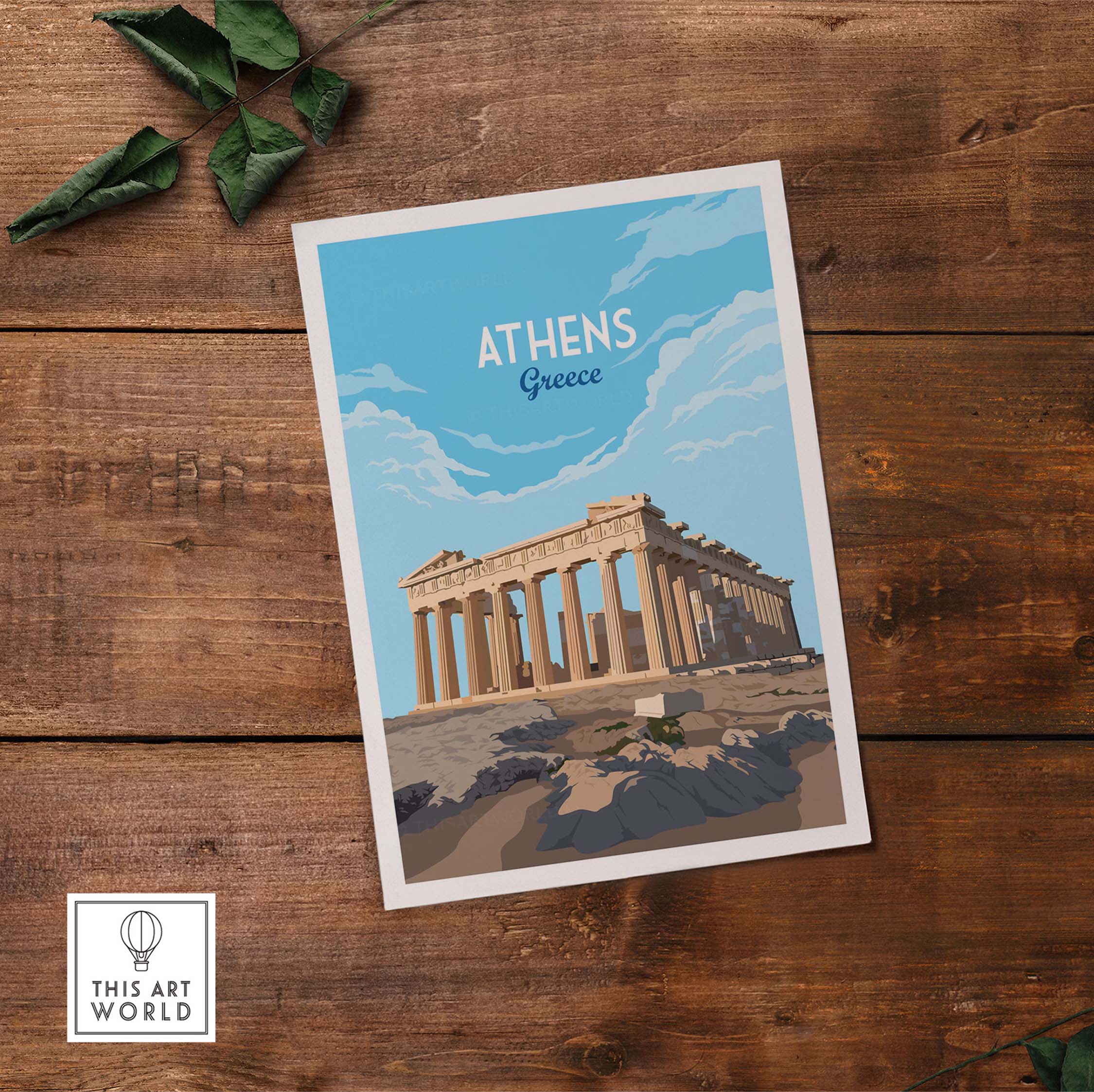 Athens Greece Art Print featuring the iconic Parthenon on a minimalist background, perfect for travel-inspired home decor.