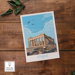 Athens Greece wall art poster featuring the Parthenon with blue skies and birds, minimalist vintage design.