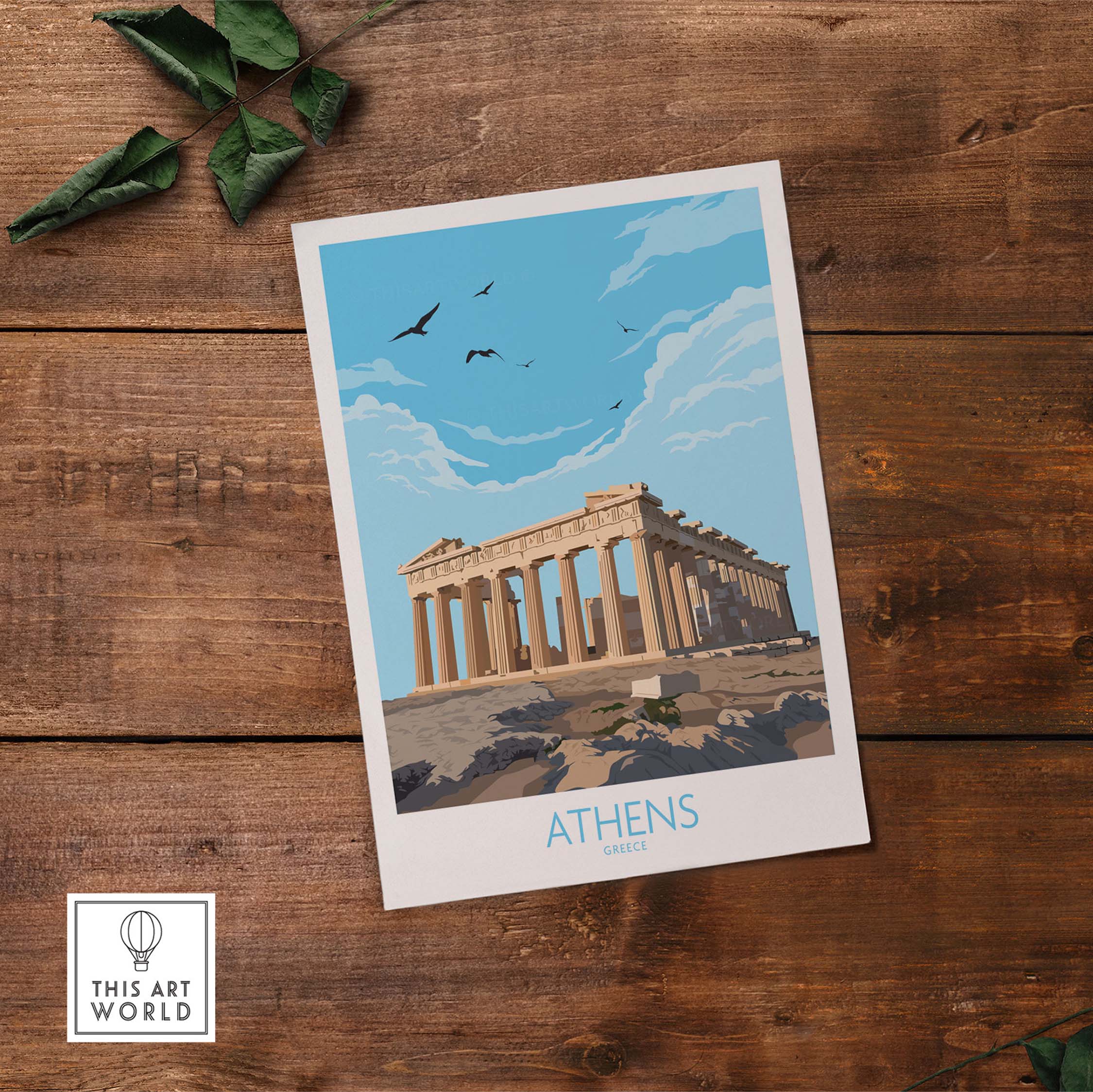 Athens Greece wall art poster featuring the Parthenon with blue skies and birds, minimalist vintage design.