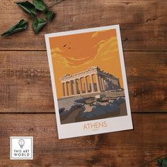 Athens poster showcasing the Parthenon with an orange sunset backdrop, a vintage-inspired Greece travel print.