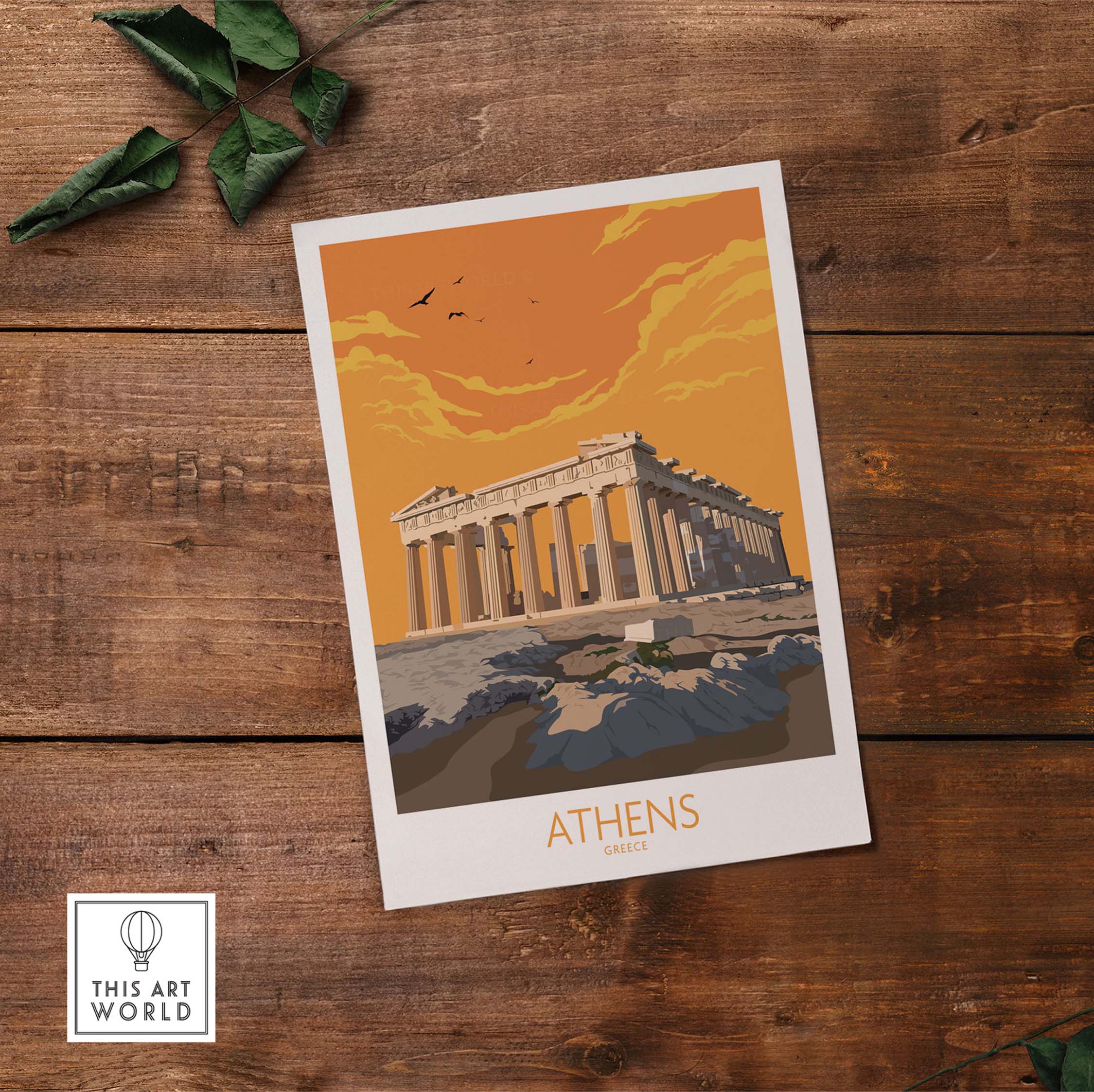 Athens poster showcasing the Parthenon with an orange sunset backdrop, a vintage-inspired Greece travel print.