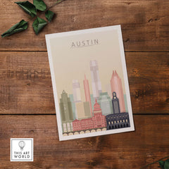 Austin Texas skyline wall art print featuring iconic buildings in warm pastel tones.