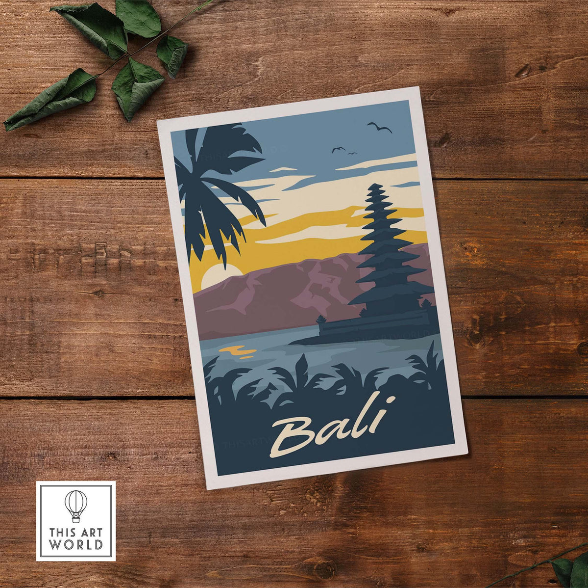Bali Poster Wall Art Print featuring vintage travel design with palm trees and landscape.