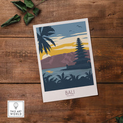 Bali travel poster featuring tropical scenery and iconic landmark, perfect for home or office decor.