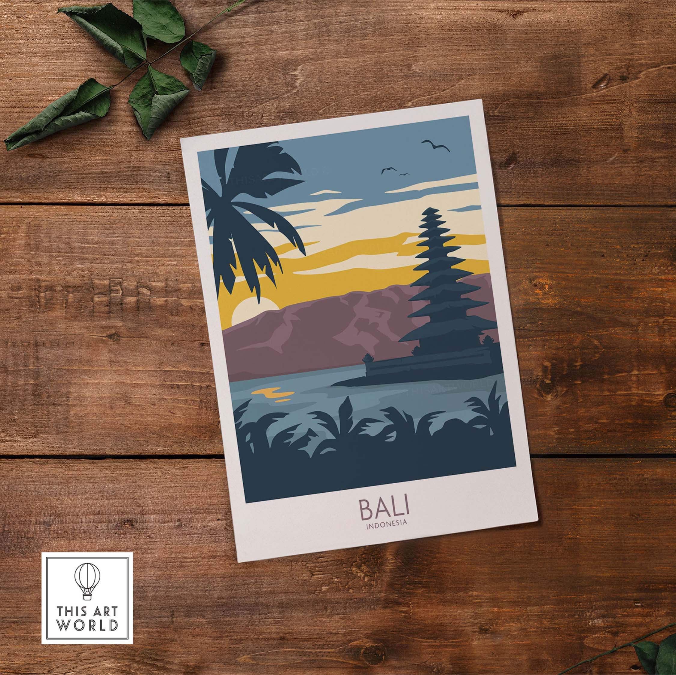 Bali travel poster featuring tropical scenery and iconic landmark, perfect for home or office decor.