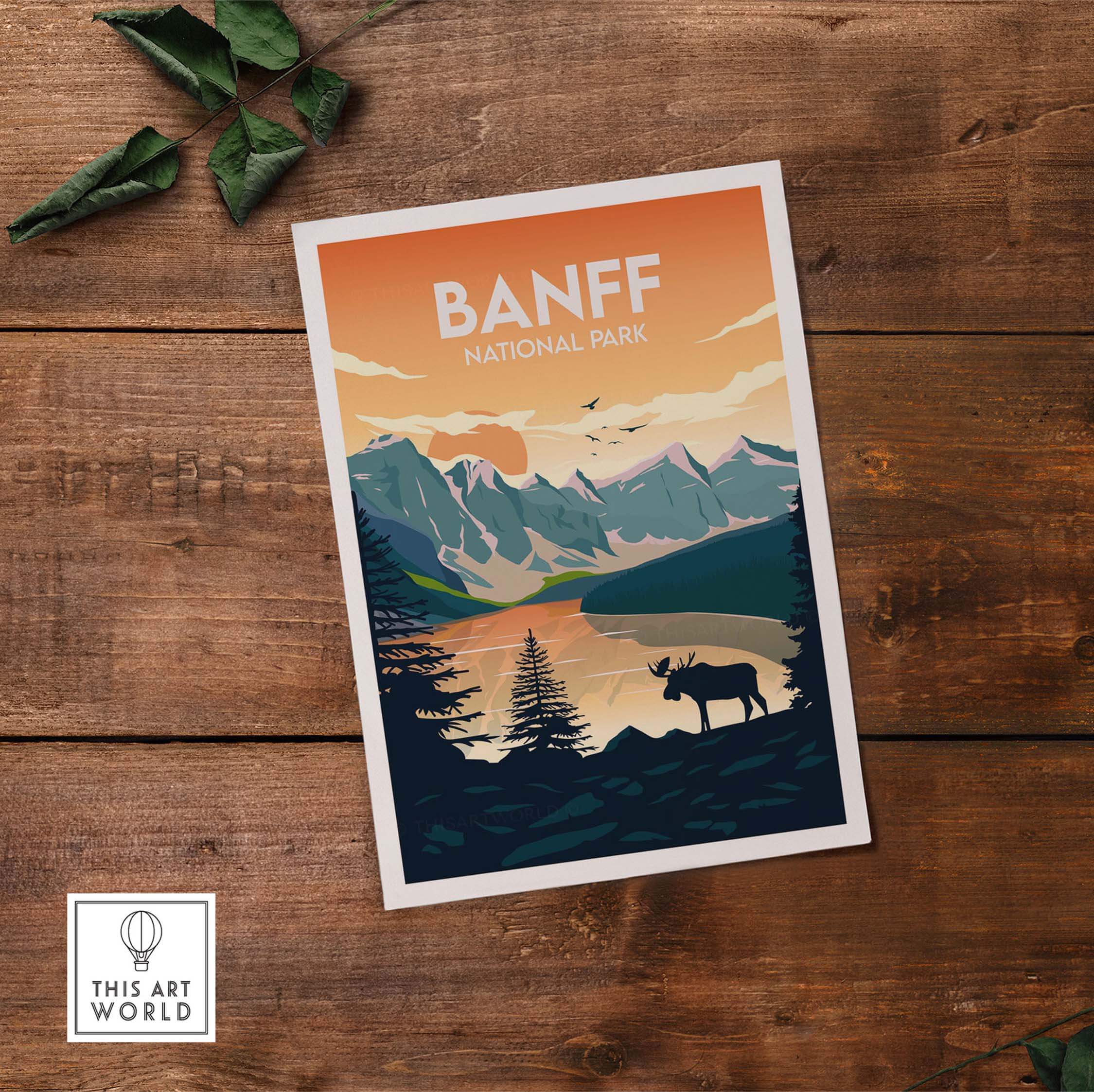 Banff National Park poster featuring mountains and a moose, showcasing minimalist art inspired by nature.