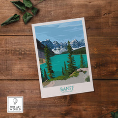 Banff National Park poster print wall art showcasing mountains and turquoise lake on rustic wood background.
