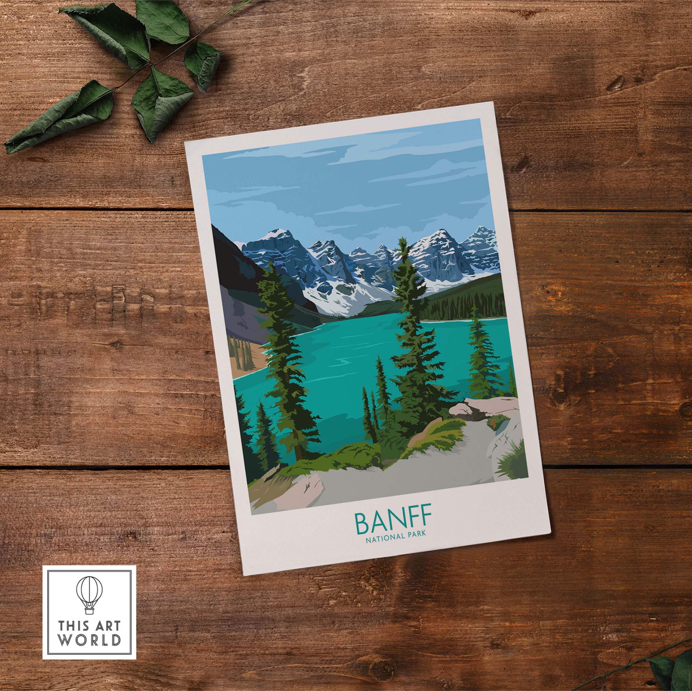 Banff National Park poster print wall art showcasing mountains and turquoise lake on rustic wood background.